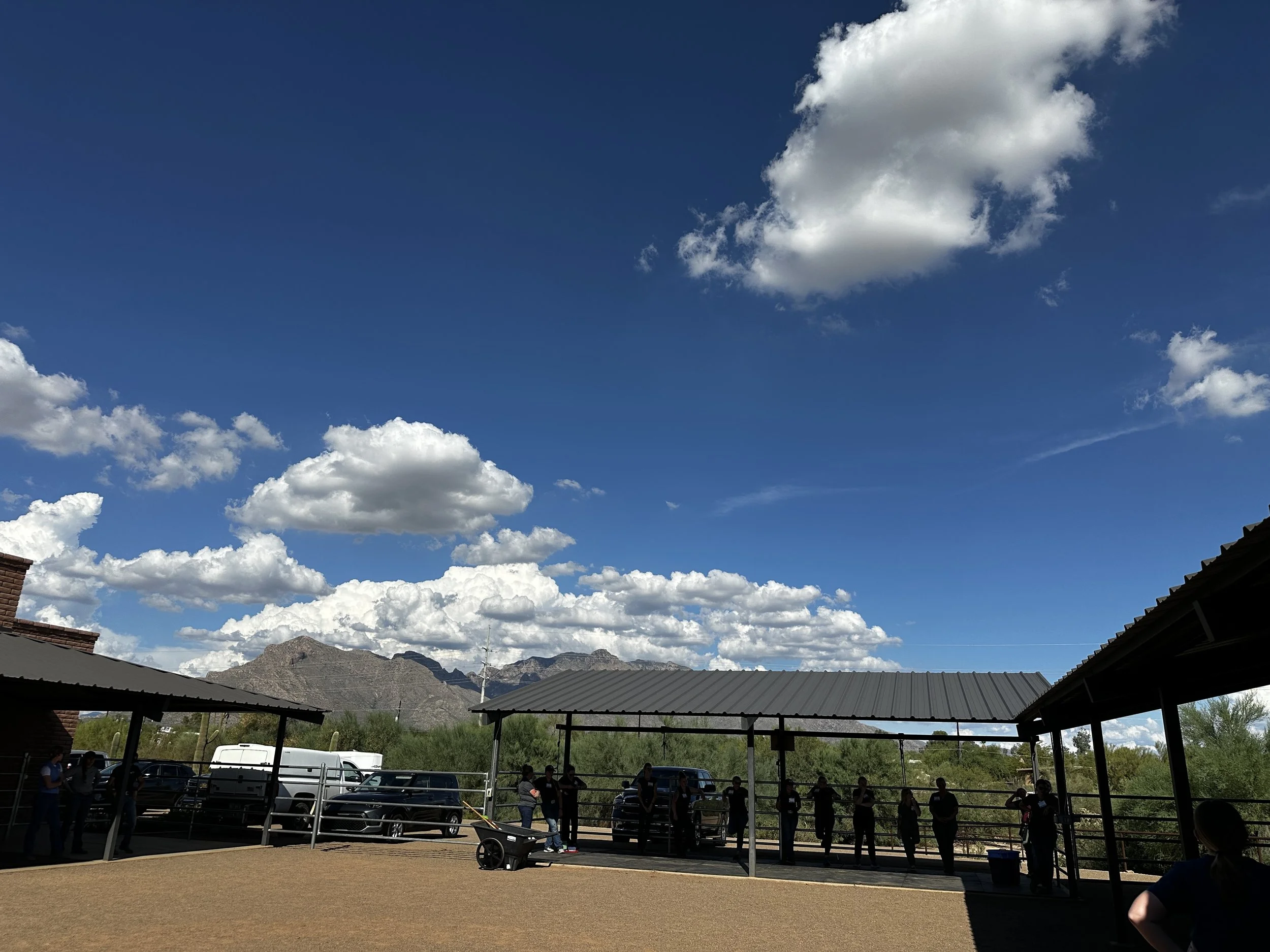 People gathered around a fenced area at an outdoor event with covered structures, mountain landscape in the background, and partly cloudy sky.