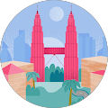Illustration of cityscape with twin red towers, palm trees, and modern buildings.