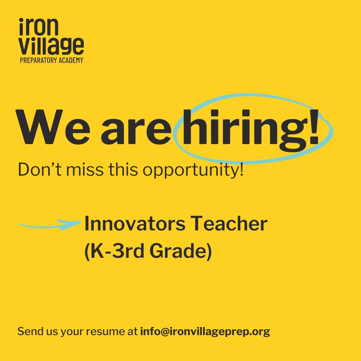 We&rsquo;re growing &mdash; and we&rsquo;re hiring 💛

Iron Village Prep is looking for an elementary educator to lead our Innovators (K&ndash;3rd grade) cohort as we head into Year 2.

Small class size (10:1).
Big relationships.
Project-based learni