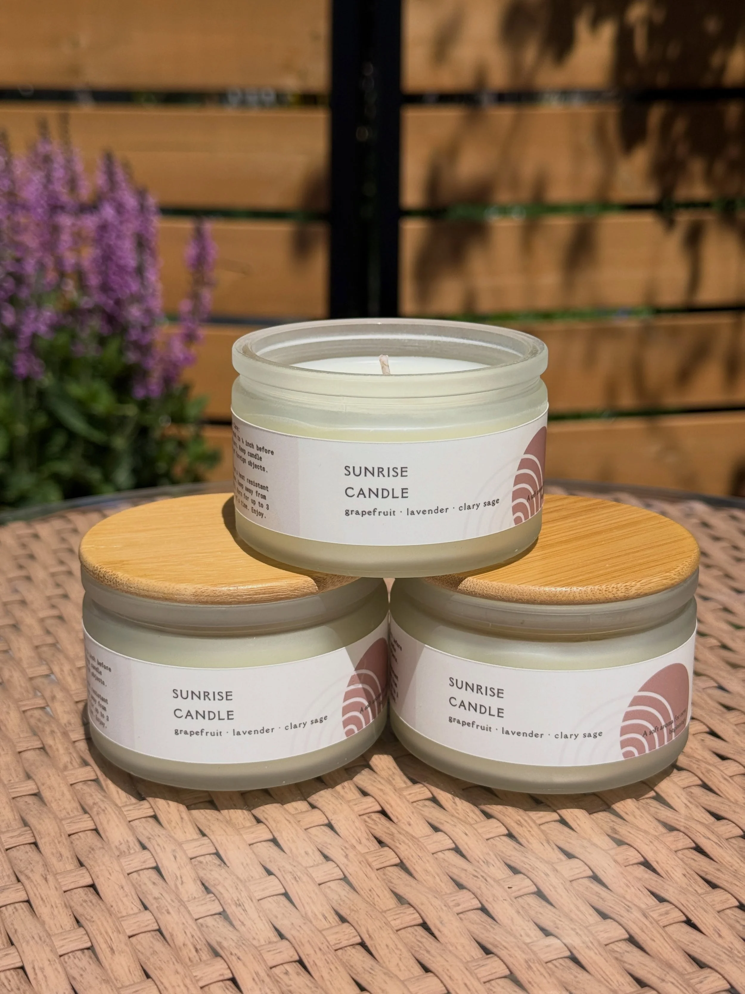 Months in the making and our newest candle is here! Sunrise - calming aromas of grapefruit, lavender and clary sage. I wanted to create a spring/summer blend that was uplifting and centering for the mind + spirit. 

Made from sustainable coconut-apri