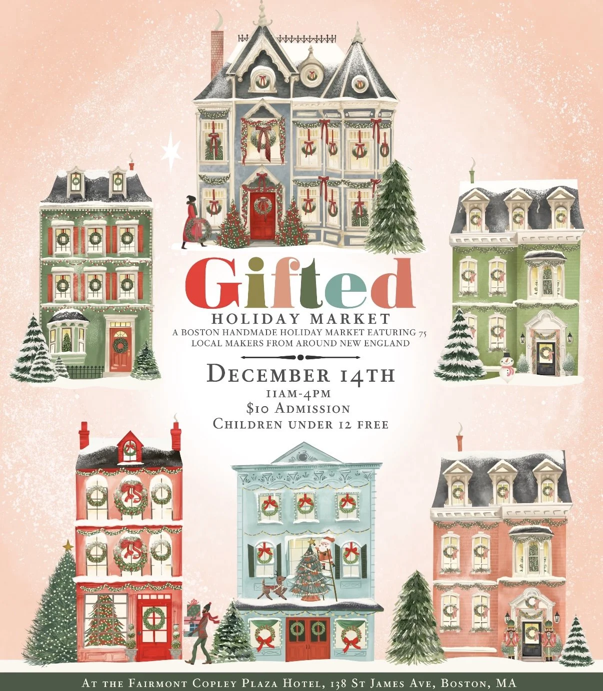 Illustration of colorful decorated houses with Christmas wreaths and garlands, and a Christmas tree, promoting a holiday market event.