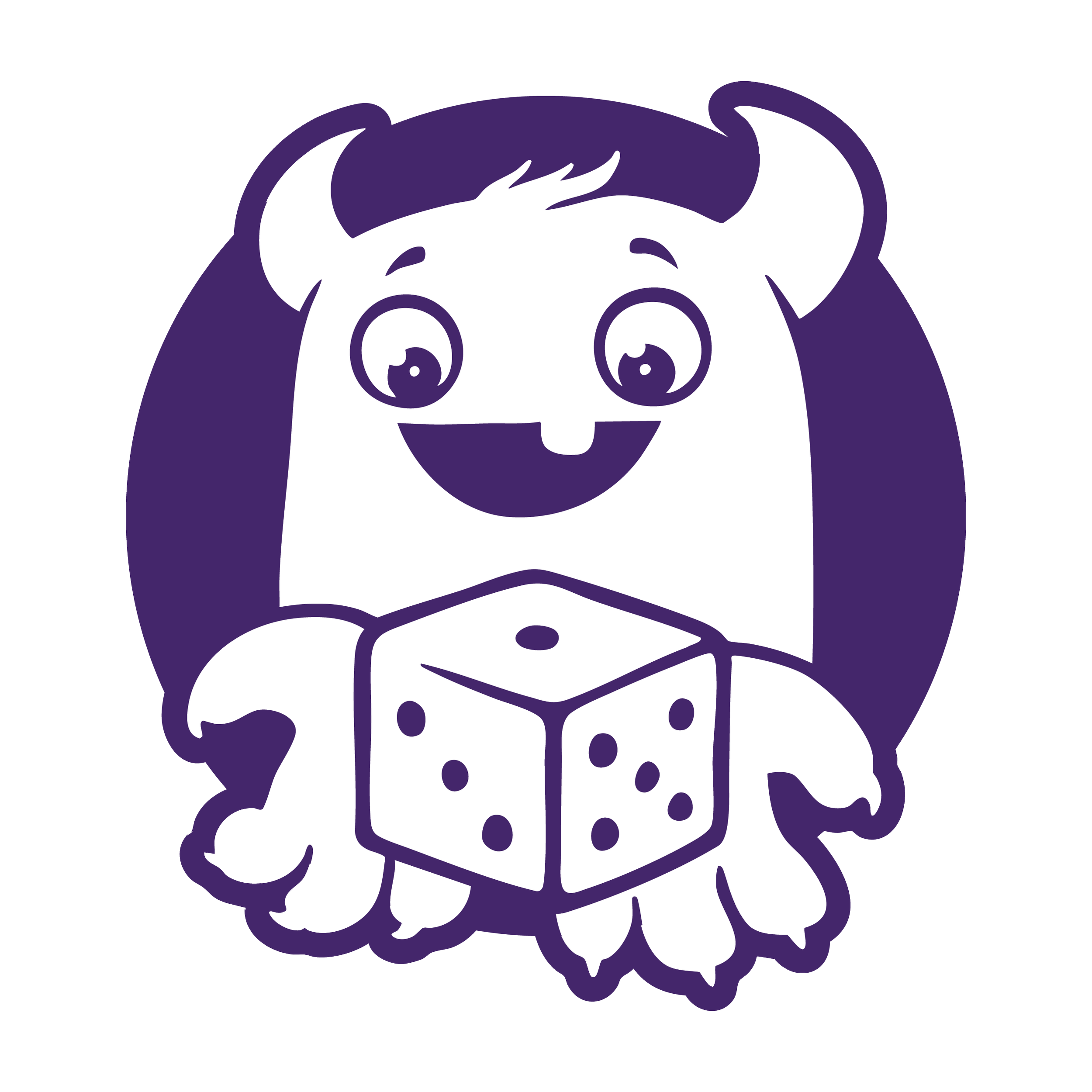A cartoon character, logo of Shareful Games, LLC, with a smiling face, big eyes, and horns, holding a six-sided die.