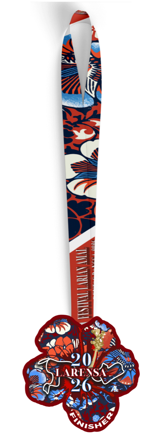 A medal with colorful floral and abstract patterns, featuring the text 'FINISHER 2026' and 'LARENSA'.