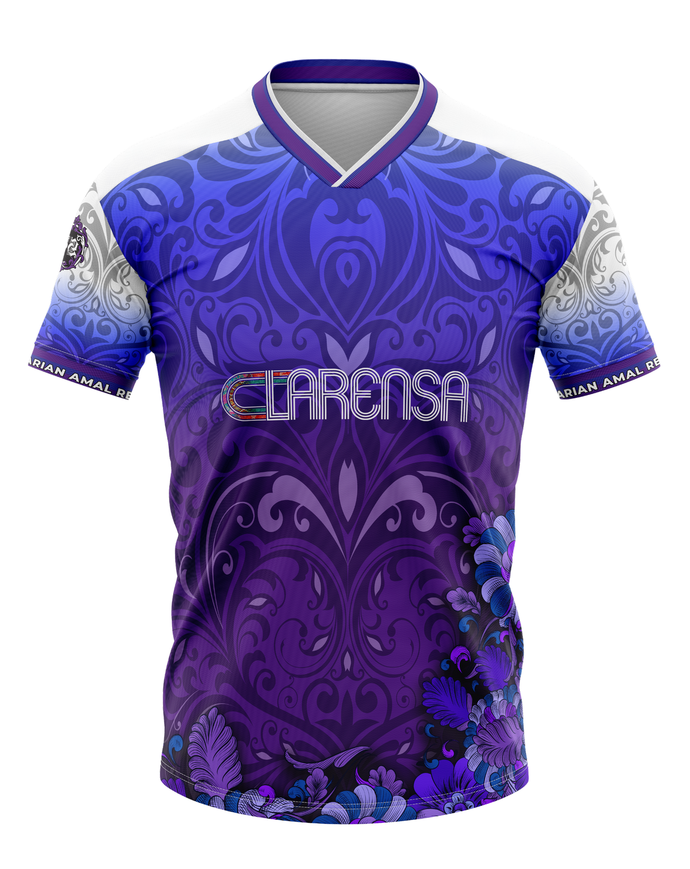A purple and white sports jersey with intricate floral and swirl patterns, the text 'LARENSA' on the front, and a crest patch on the shoulder.