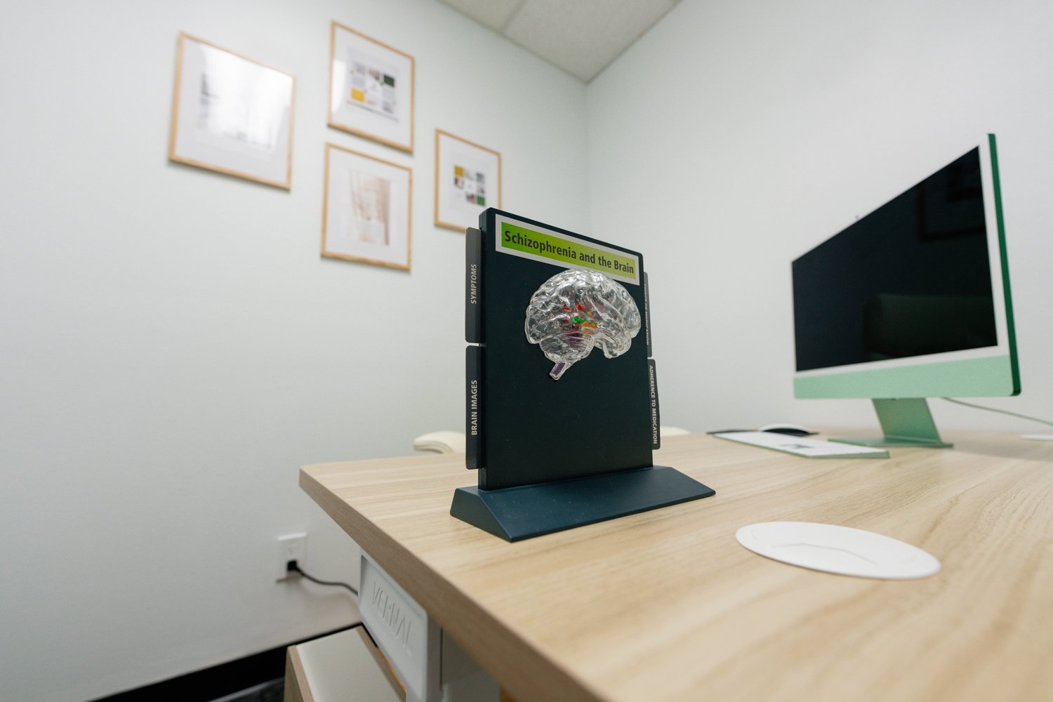 An office desk with a computer monitor, a mouse, and a book titled "Schizophrenia and the Brain" featuring a brain illustration. The background has framed artworks on the white wall.