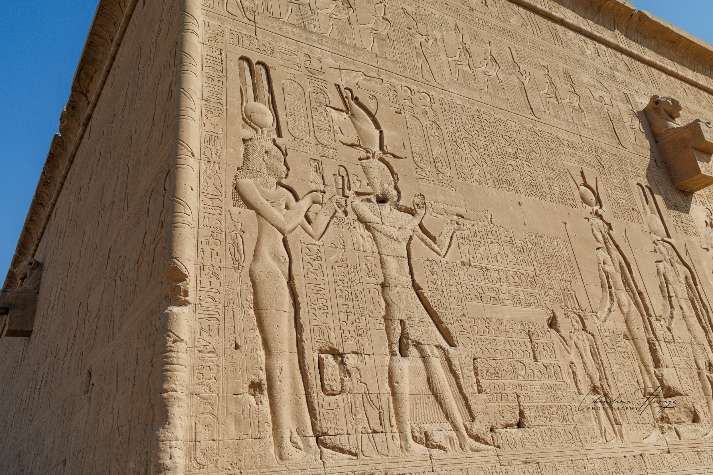 The famous relief of Cleopatra VII (left) and her son, Caesarion on the exterior rear wall of Temple of Hathor at Dendara.