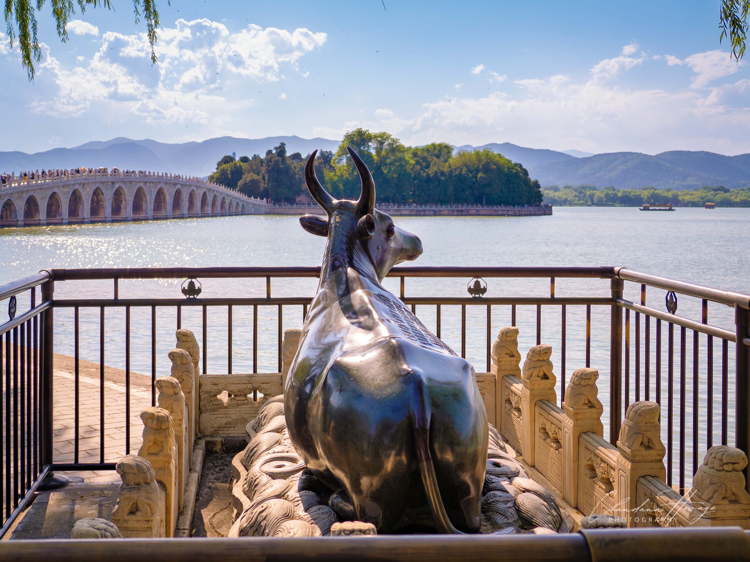 The famous Bronze Ox (also known as the Golden Ox) is resting on the eastern embankment of the Kunming Lake in the Summer Palace.