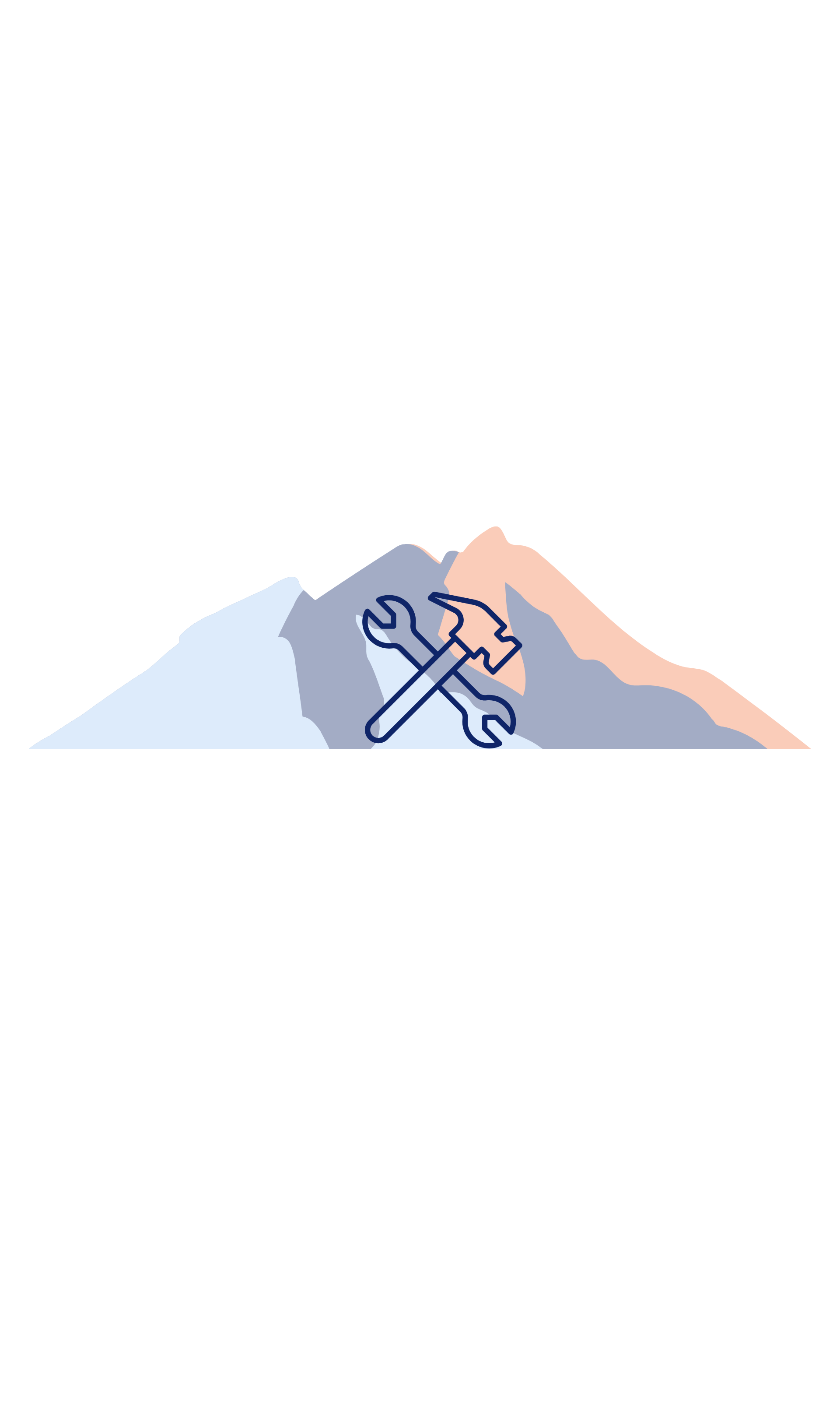 Line drawing of a mountain with an orange snow-capped peak on the right and a blue snow-capped peak on the left. A climber in dark clothing with a rope is ascending the mountain.