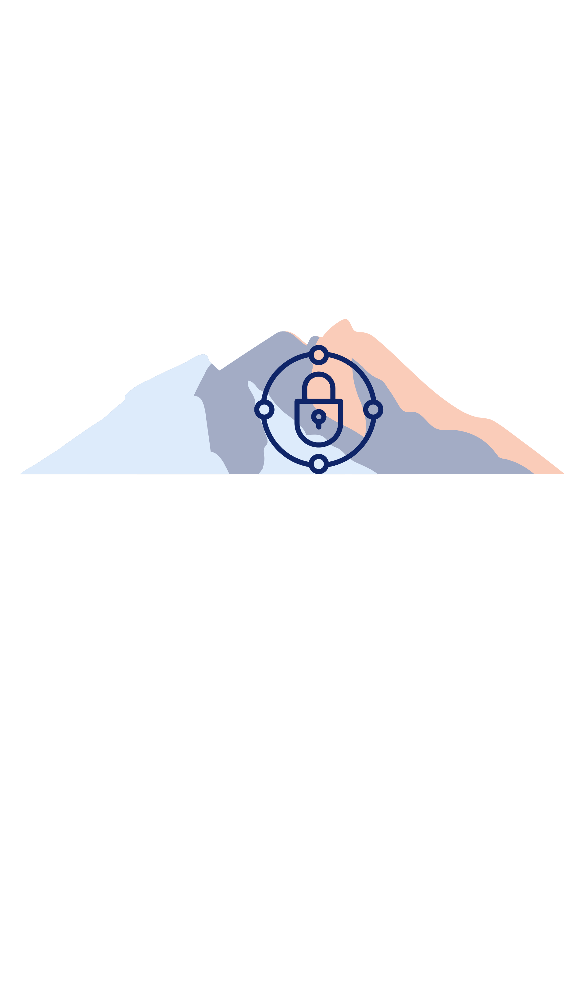 Stylized illustration of a mountain with layered peaks in white, blue, and orange, and a smaller telescope or binoculars icon embedded in the mountain.