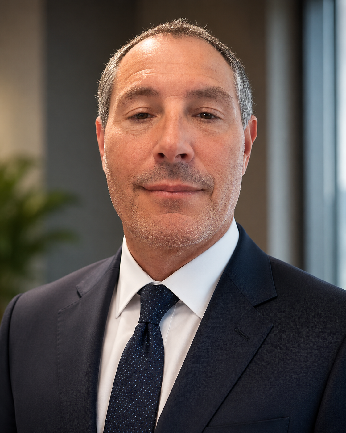 Headshot of a middle-aged man in formal suit and tie, with short gray hair, slight facial hair, standing indoors with blurred background.