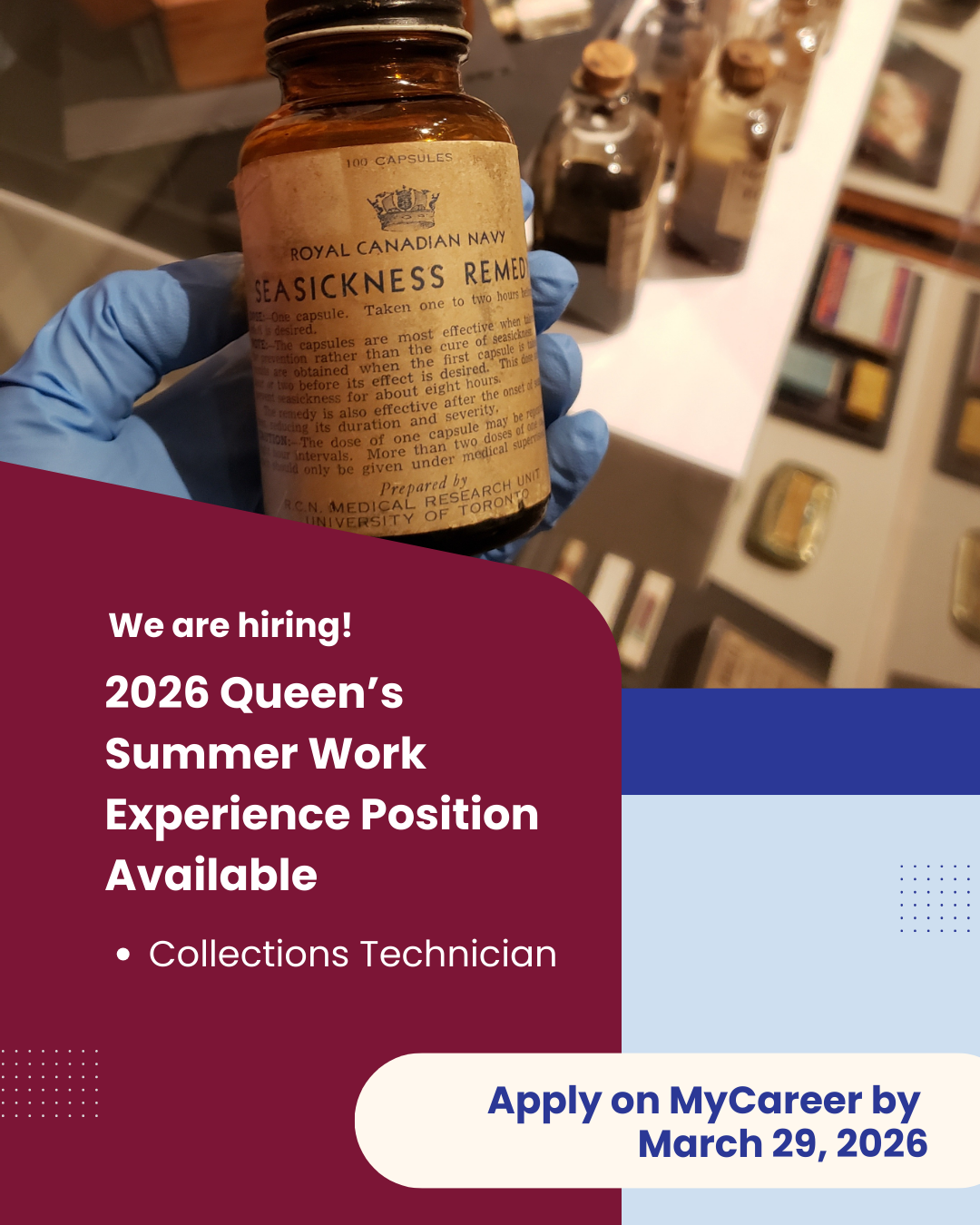 A person wearing a blue glove holding a vintage brown bottle labeled 'Seasickness Remedy' from the Royal Canadian Navy, with a background of other vintage bottles and framed pictures on a wall.