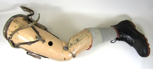 A prosthetic leg built in the 1920s for an eastern-Ontario farmer who lost his left leg in an accident. This was one of two legs he used for the rest of his life, this being the "formal" leg he used for special occasions (Accession Number 012011001 a