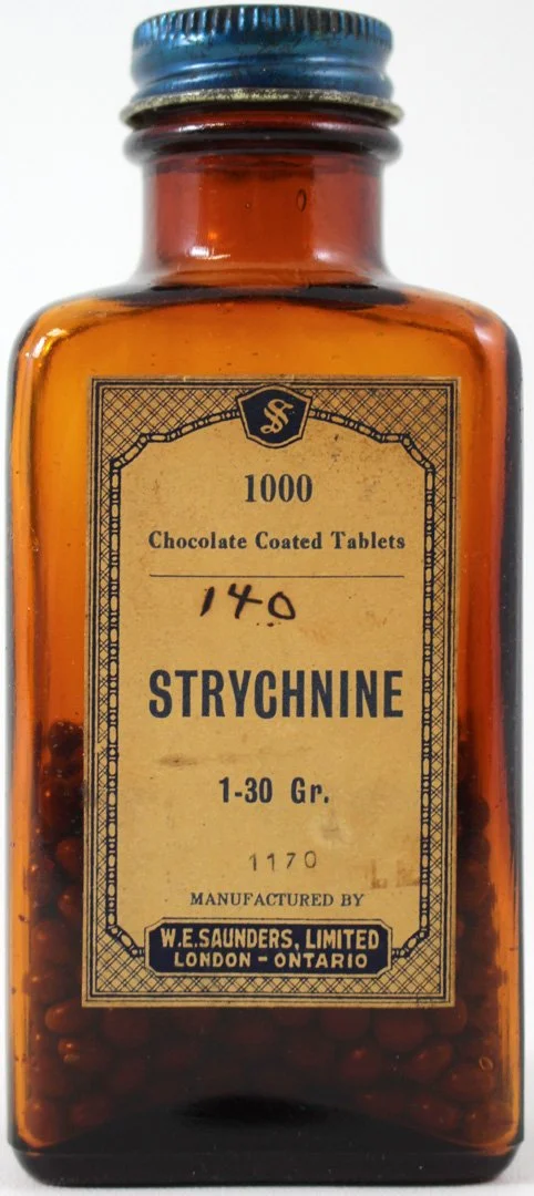 Strychnine pills were used in very small doses in the Victorian period as appetite stimulants and laxatives. A more common use of strychnine was as an ointment to stimulate nerves. Strychnine is more famous now as an incredibly potent poison causing 