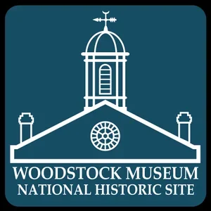 Logo for Woodstock Museum, National Historic Site, featuring a white line drawing of a historic building with a central dome and a weather vane on top, on a teal background.