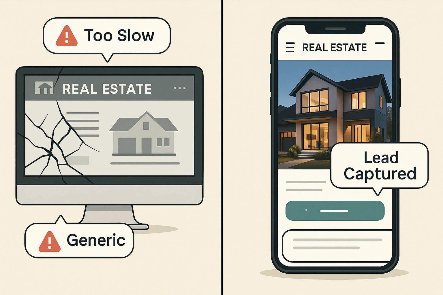 Comparison of a cracked, generic real estate listing on a computer screen and a captured lead of a modern house listing on a smartphone with a 'Lead Captured' message.