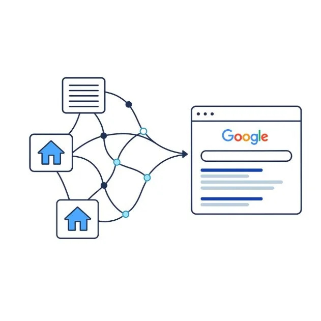 Diagram showing network connections leading to a Google search results page.