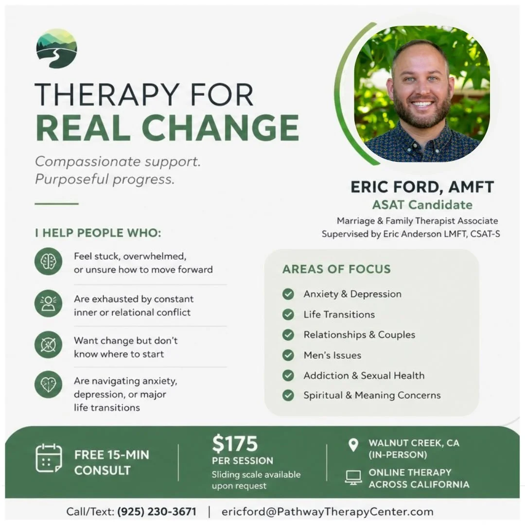 Hello Instagram world, I&rsquo;m Eric Ford, associate therapist with Pathway Therapy Center in Walnut Creek, CA. I wanted to introduce myself again:

🧠 Marriage &amp; Family Therapist Associate (AMFT) practicing in Walnut Creek, California

🎓 MA in