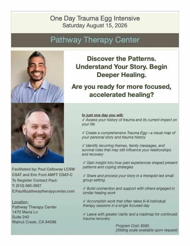 Something I&rsquo;m really looking forward to this August.

On Saturday, August 15th, I&rsquo;ll be co-facilitating a One Day Trauma Egg Intensive alongside Paul Calloway, LCSW, CSAT at Pathway Therapy Center in Walnut Creek &mdash; and I genuinely b