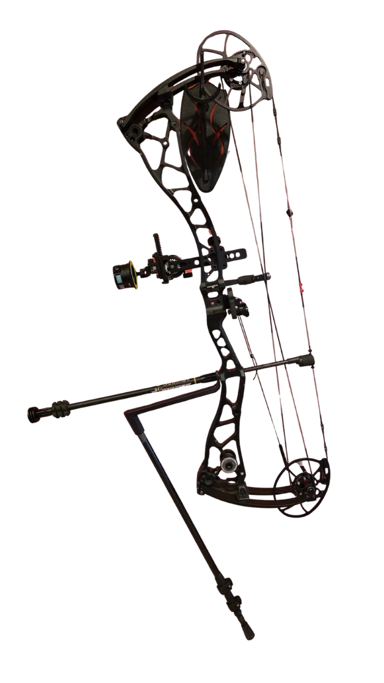 A modern compound archery bow with a black frame, strings, and accessories, with the Bow Paw archery monopod attached.