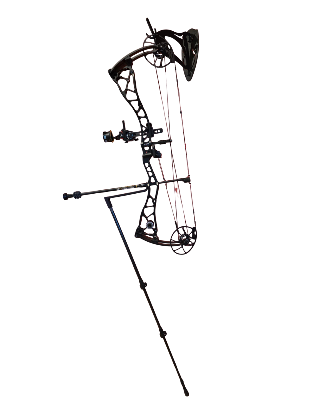 Modern compound bow with sight, stabilizer, and release aid isolated on white background, with the Bow Paw archery monopod attached.