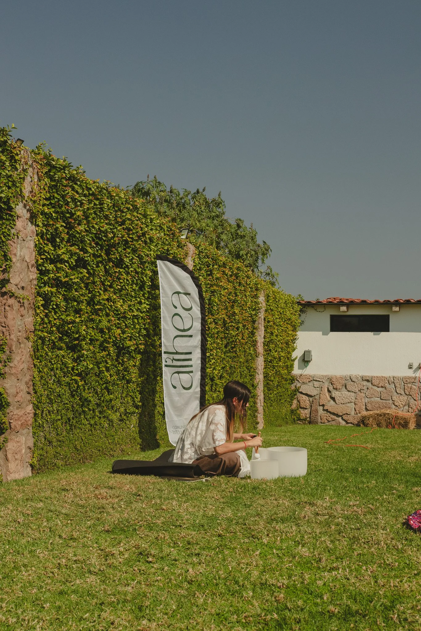 Una mujer tocando un instrumento musical de vibráfono en un espacio exterior con césped, cerca de una pared cubierta de enredaderas y un cartel que dice 'alinea'.