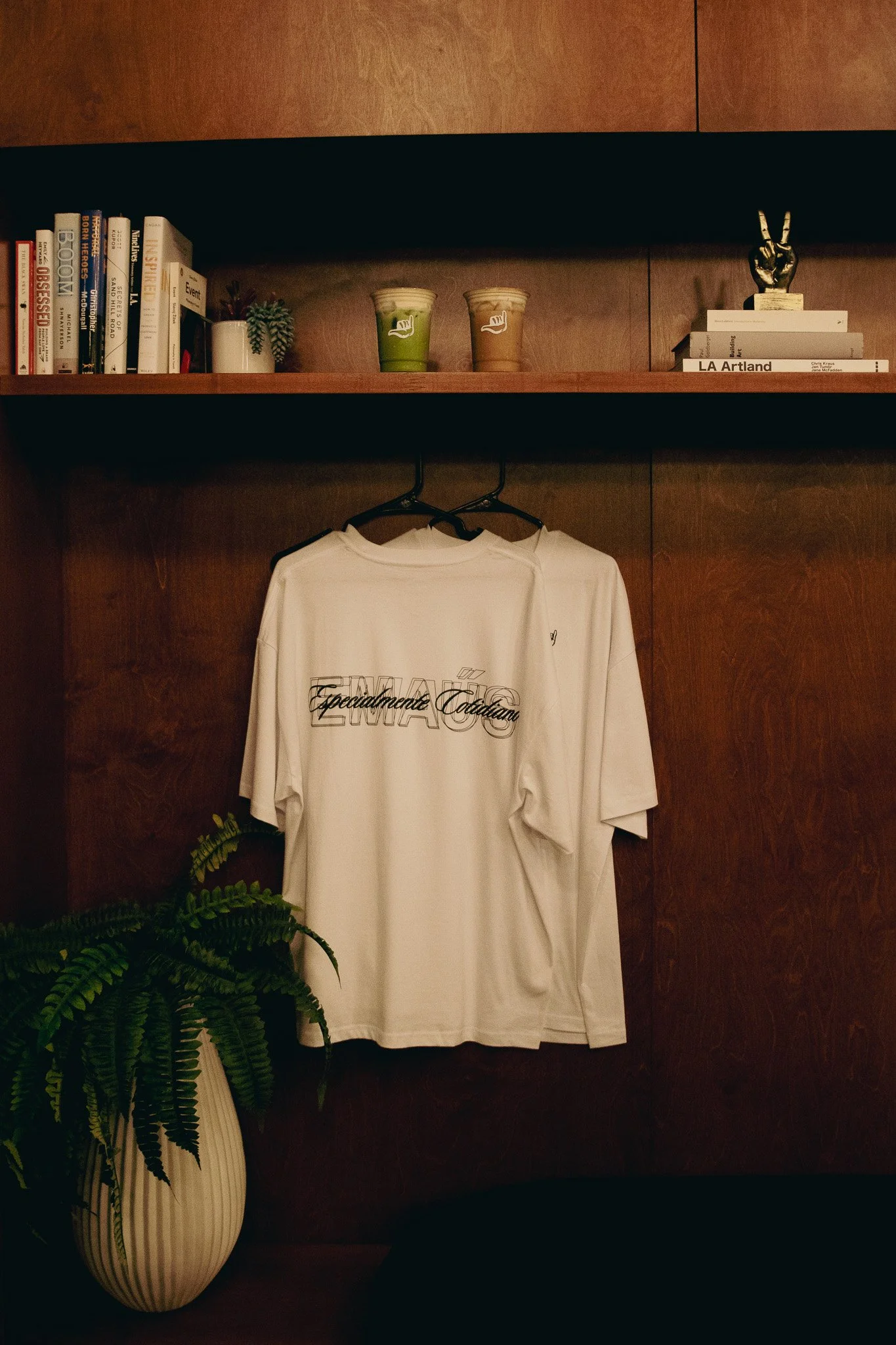 Camisa blanca colgada en gancho con la palabra 'Especialmente Californiano' en la parte frontal, una planta en un florero a la izquierda, un estante con libros y objetos decorativos en la parte superior.