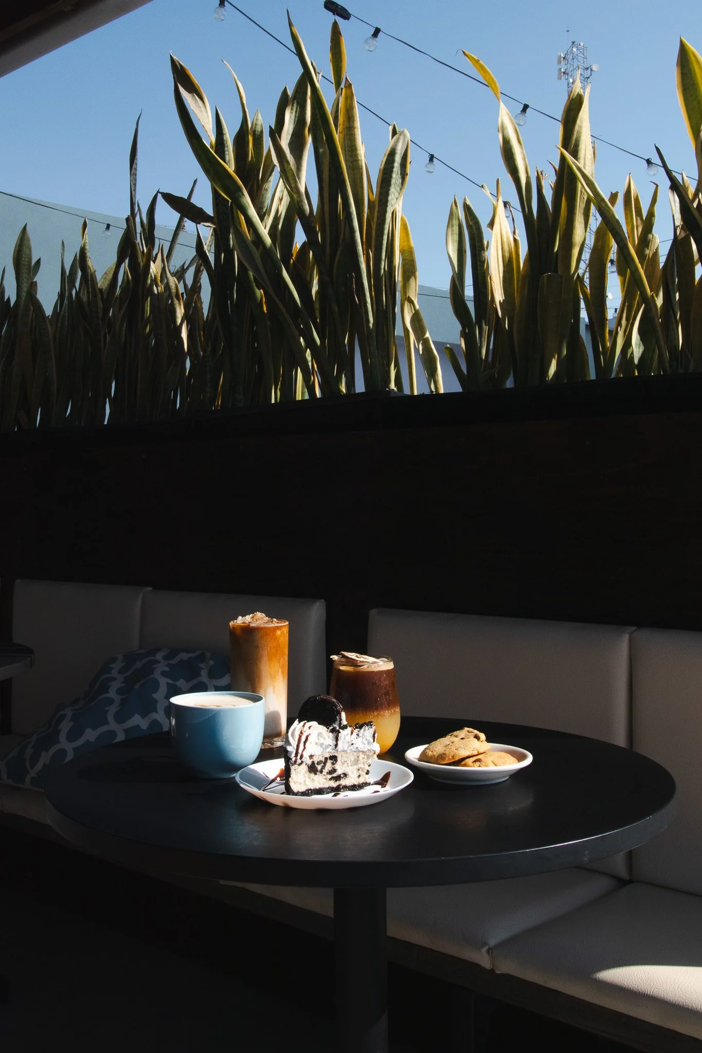 Mesa de café con troca, pastel, y galletas, en un lugar con fondo de plantas altas y un cielo azul con cuerda de luces.