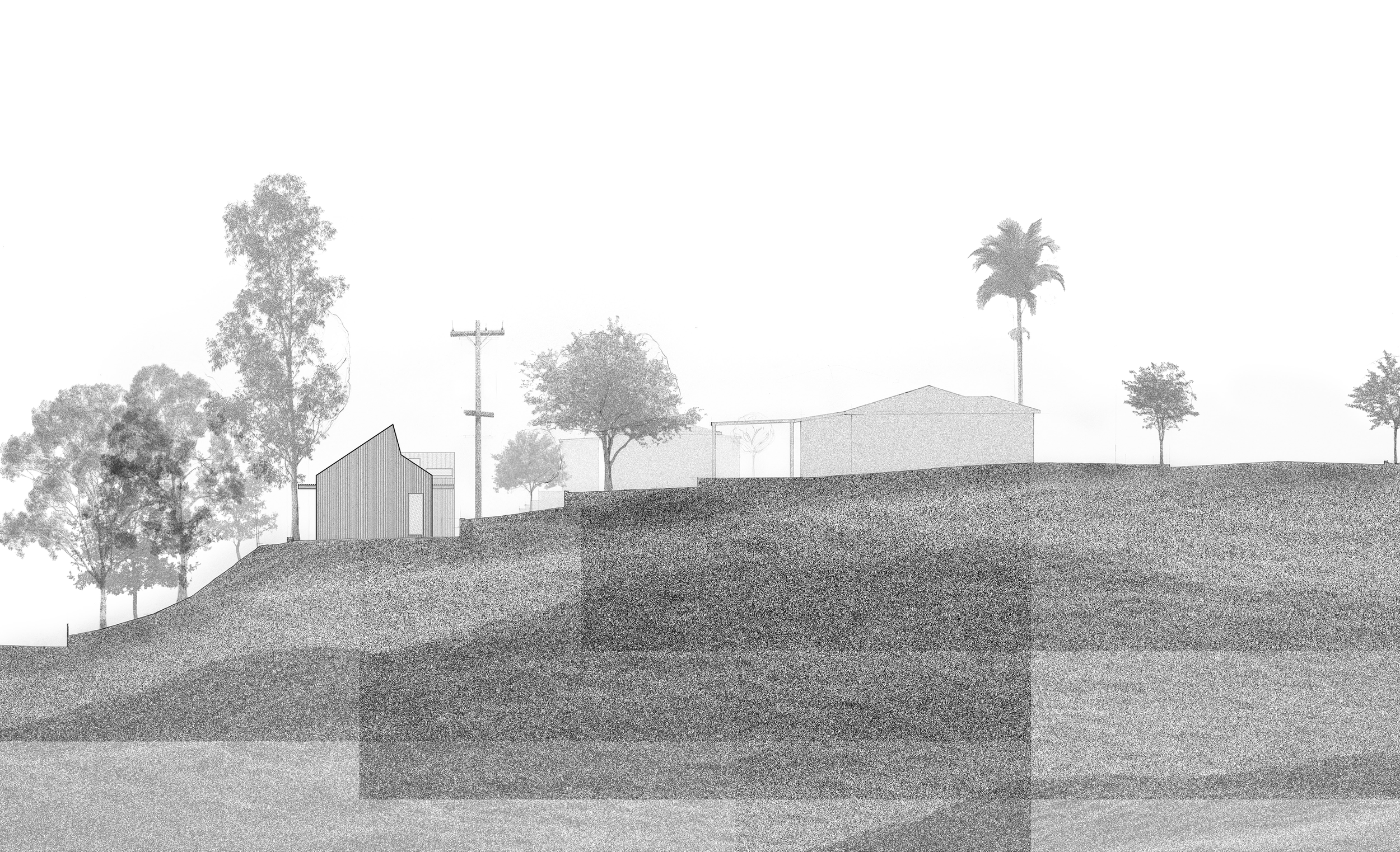Architectural drawing of a hillside landscape featuring trees, utility poles, and modern structures.
Site section for an art studio and guest cottage/ADU in the backyard of a single family residence.