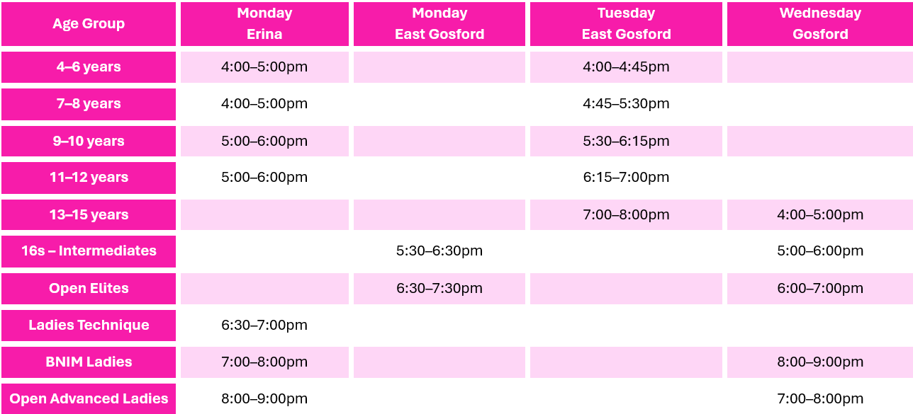 Schedule chart with age groups and class times, organized by days of the week from Monday to Wednesday, with a pink and white color scheme.
