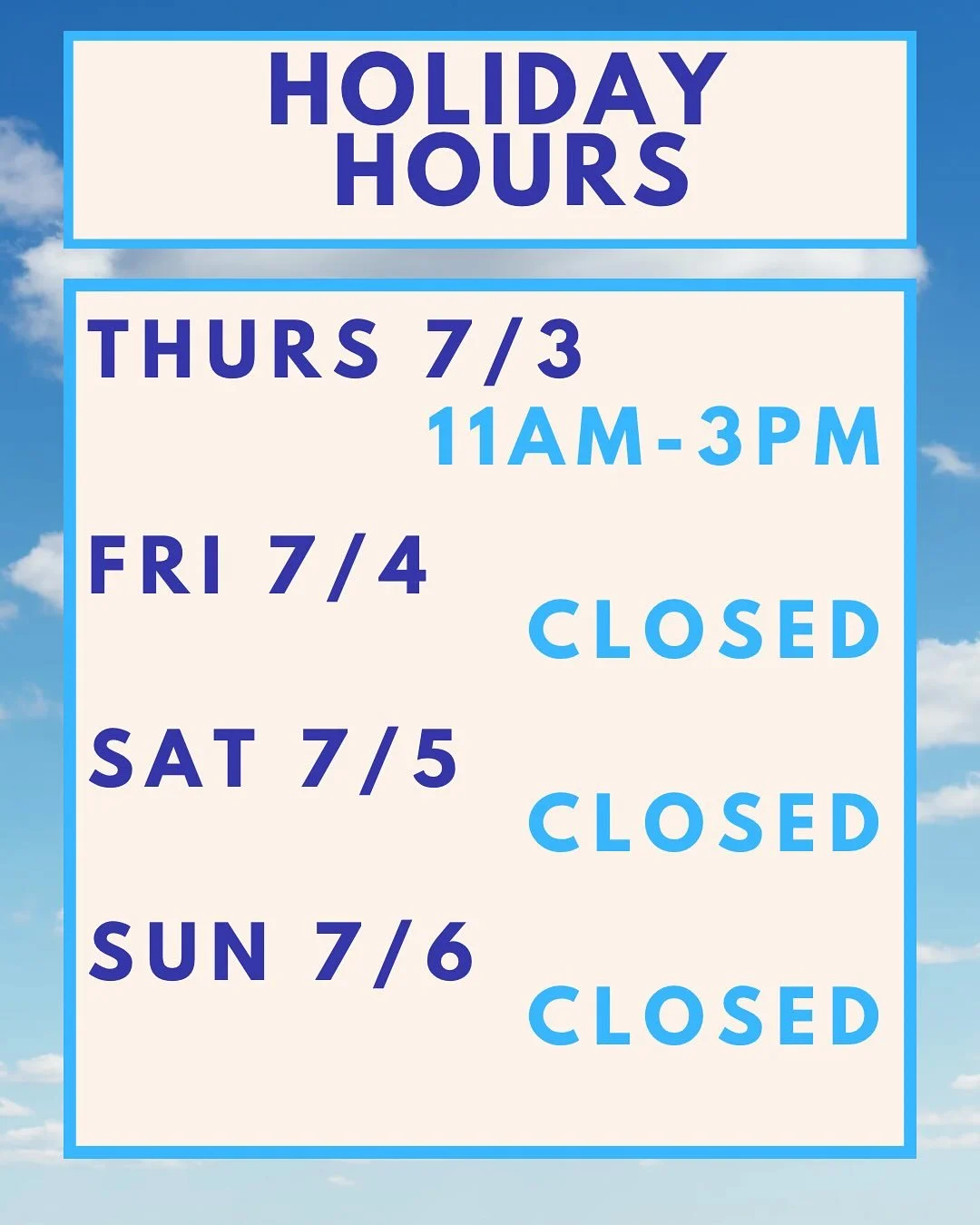 We&rsquo;re leaving town for a few days for a mid-season recharge. This means we&rsquo;re closed on the 4th, 5th, and 6th, and have shortened hours on the 3rd.&nbsp;

Most of us are out of town starting on Wednesday, but Leah, and one of our Fairdale