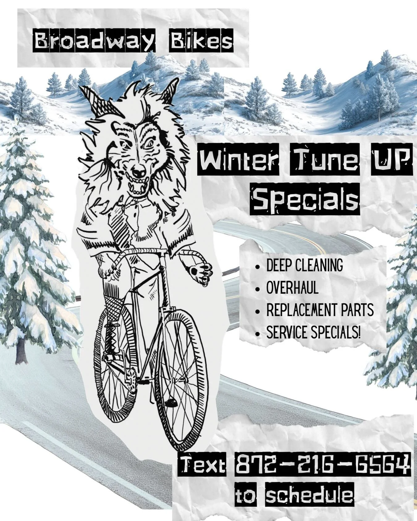 The Broadway bikes Winter Tune Up Specials are back! 

Contrary to popular belief, winter is a great time to get your bike serviced ! The wait times are shorter , and we have more time to get into whatever bike projects you&rsquo;ve been dreaming of-