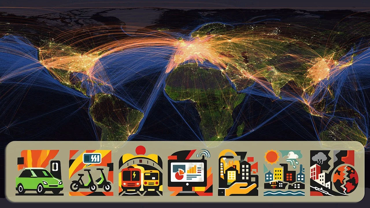 Map of global transportation and supply chain routes. On the bottom is a row of icons representing the transition to electric, zero-carbon, and equitable mobility futures.