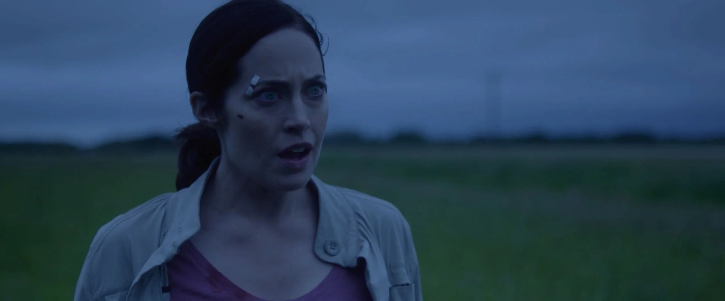 A woman with a surprised or distressed expression, standing outdoors in a grassy field during dusk or dawn.