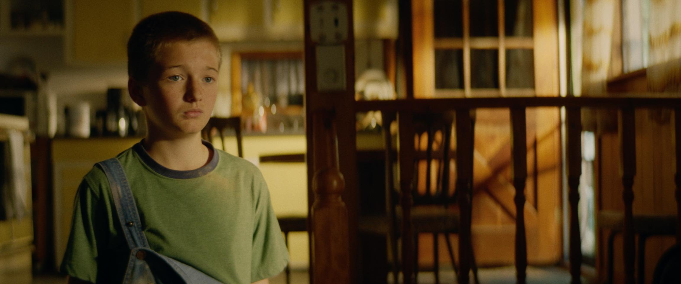 A young boy with short hair wearing a green shirt and overalls stands in a dimly lit kitchen, looking thoughtful or sad.