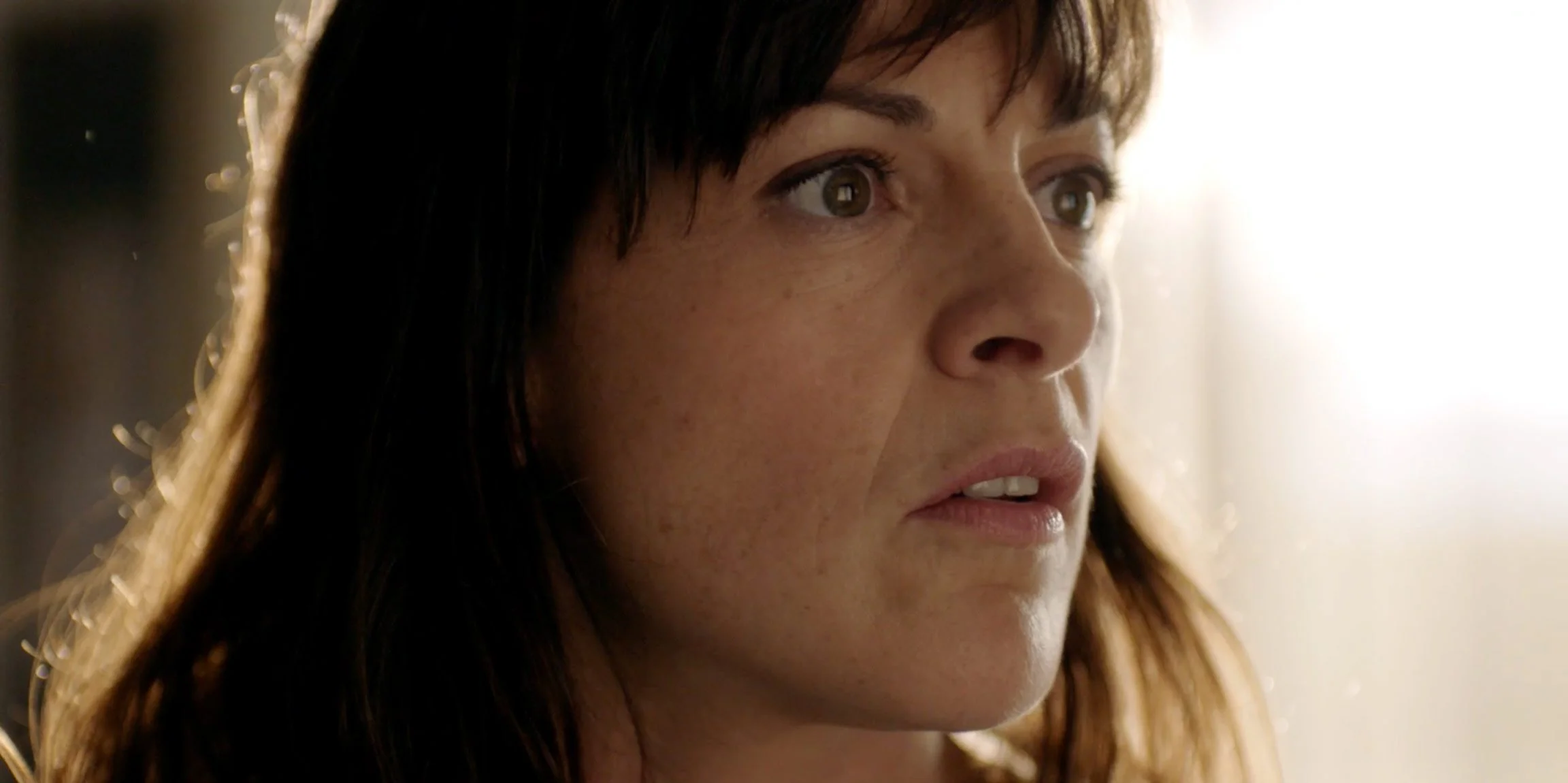 Close-up of a woman with brown hair and freckles looking thoughtfully to the side near a bright window.