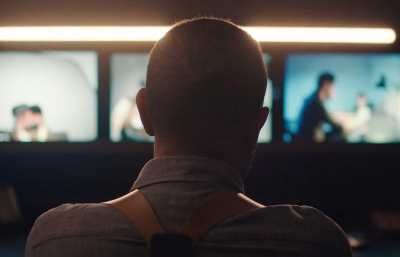 Back of a man with short hair watching multiple computer monitors in a dark room.