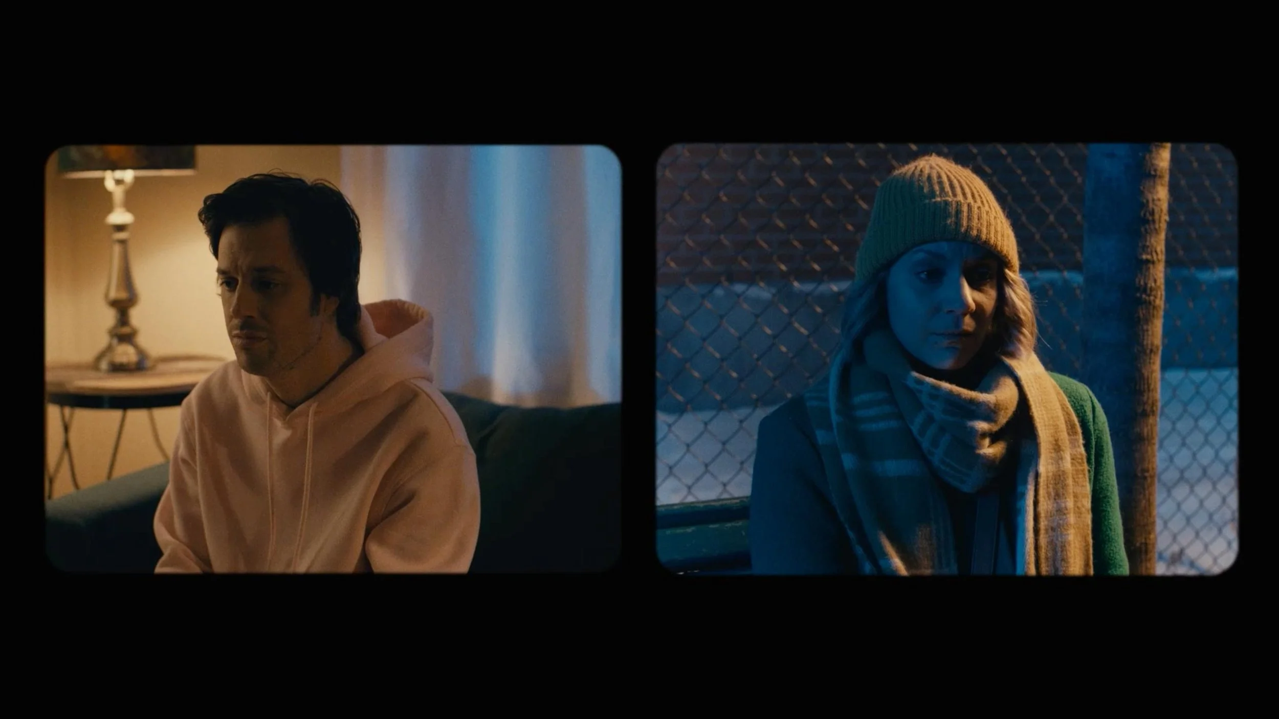 Side-by-side frames showing a man sitting indoors, looking sad in a pink hoodie, and a woman outside in cold weather wearing a yellow beanie, scarf, and coat, near a chain-link fence.
