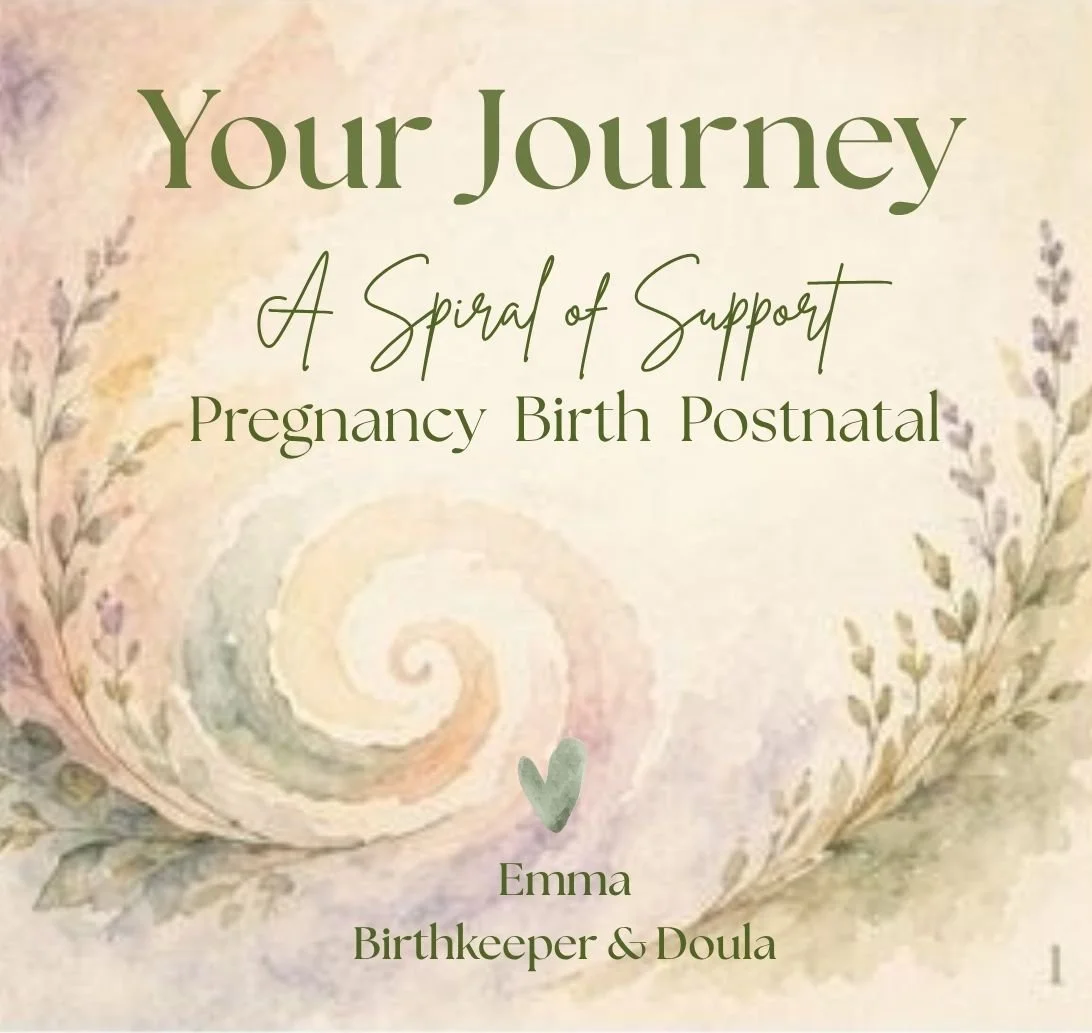 A soft pastel-colored greeting card with a spiral design and floral accents that reads, "Your Journey: A Spiral of Support Pregnancy Birth Postnatal." It is signed by Emma, a birthkeeper and doula.