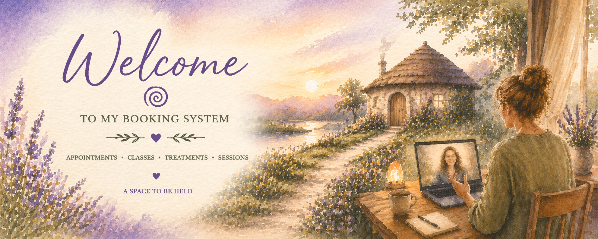 A welcoming watercolor illustration of a woman with curly hair sitting at a wooden table, engaging in a virtual meeting on her laptop, with a scenic background of a cottage, trees, flowers, and a sunset.