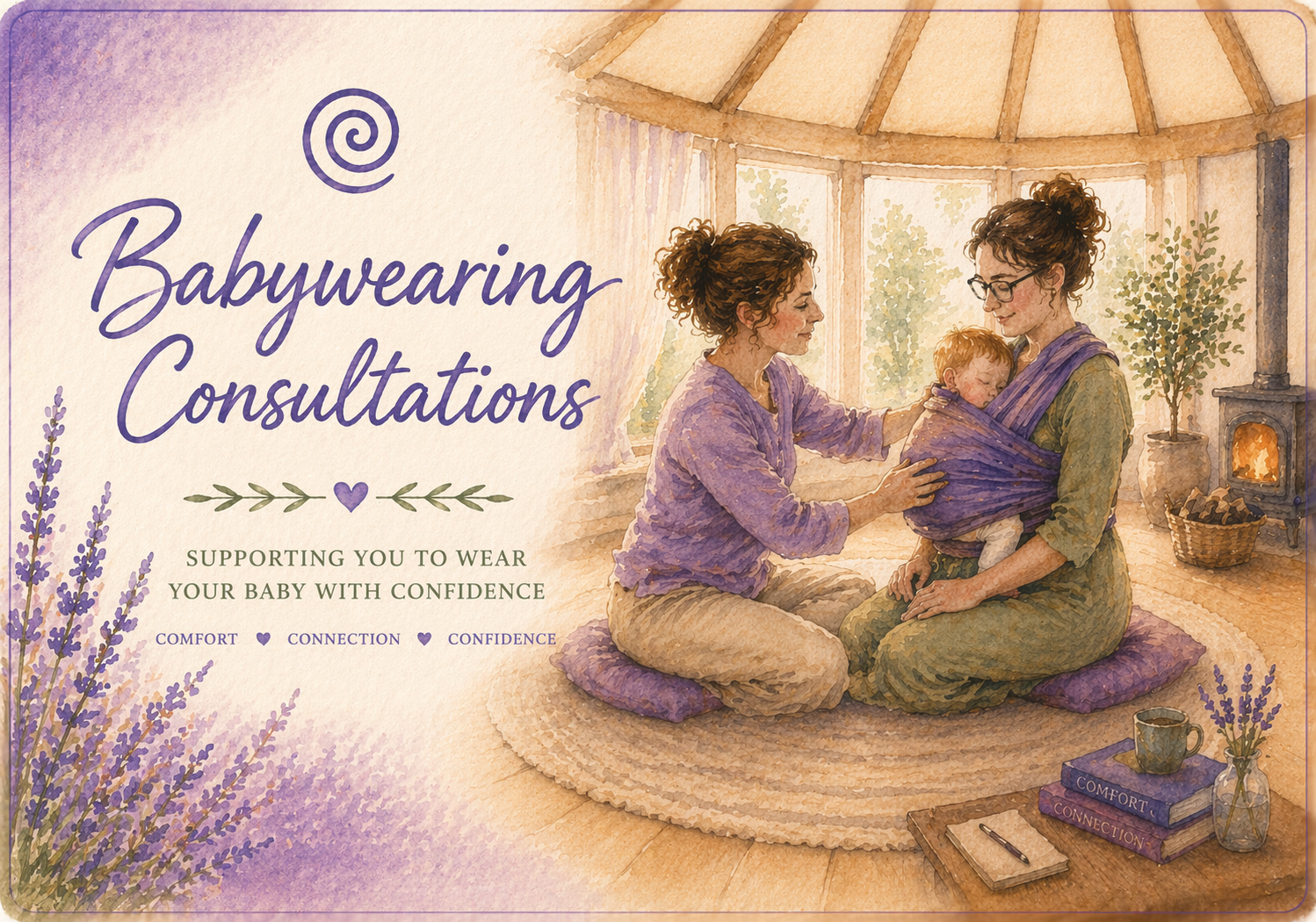 Illustration of two women in a cozy room with a glowing fireplace, one woman holding a baby in a wrap, while the other assists, with text saying 'Babywearing Consultations' and 'Supporting you to wear your baby with confidence'.