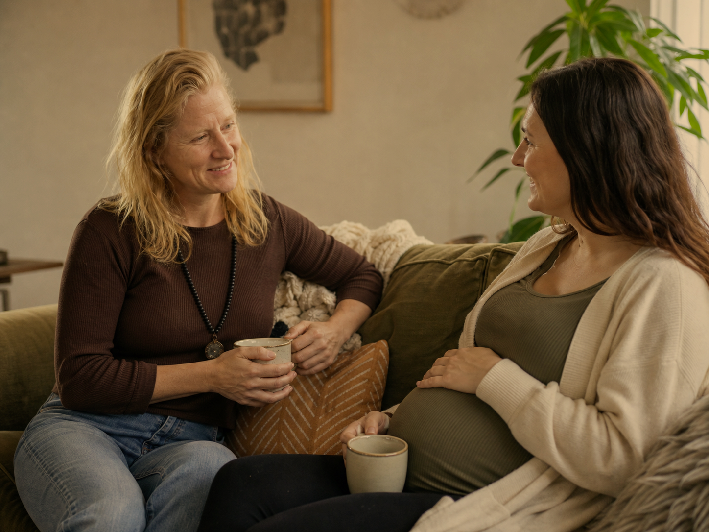 Two women sitting on a couch, having a conversation while holding coffee mugs, in a cozy living room with a plant and wall art in the background.