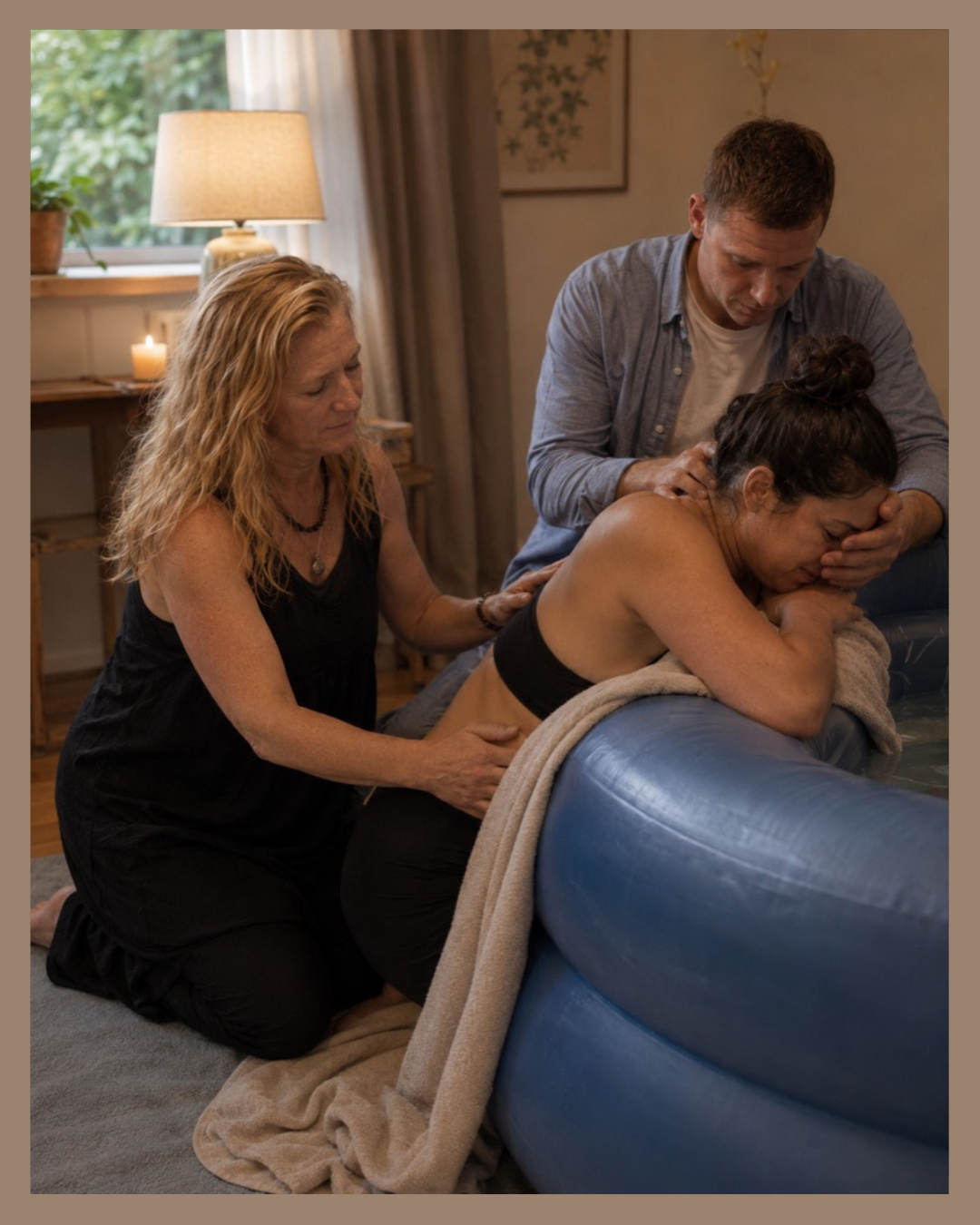 A woman is giving birth in a home setting, supported by a man and a woman, as she leans over a blue inflatable birthing pool.