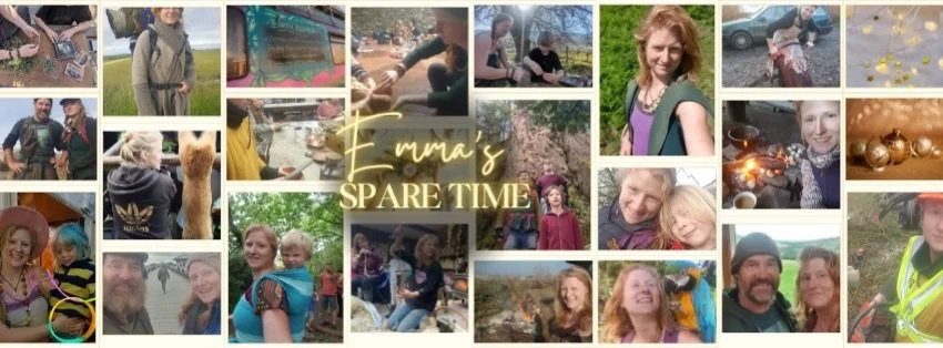 A collage of various outdoor and indoor photos including people, children, animals, and activities, with a central image titled 'Emma's Spare Time.'