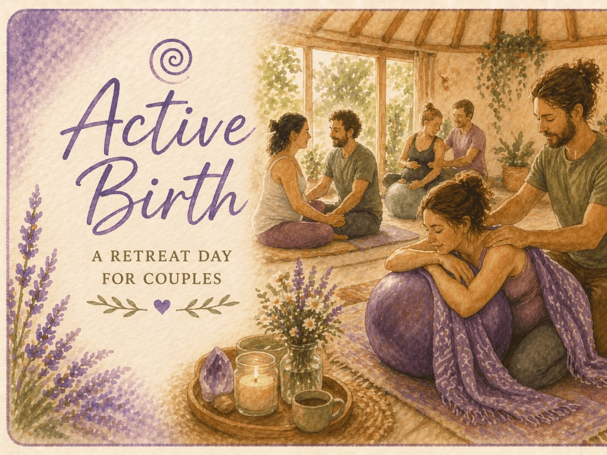 Illustration of a couple's retreat with couples practicing massage and meditation in a cozy sunlit room decorated with plants and flowers.