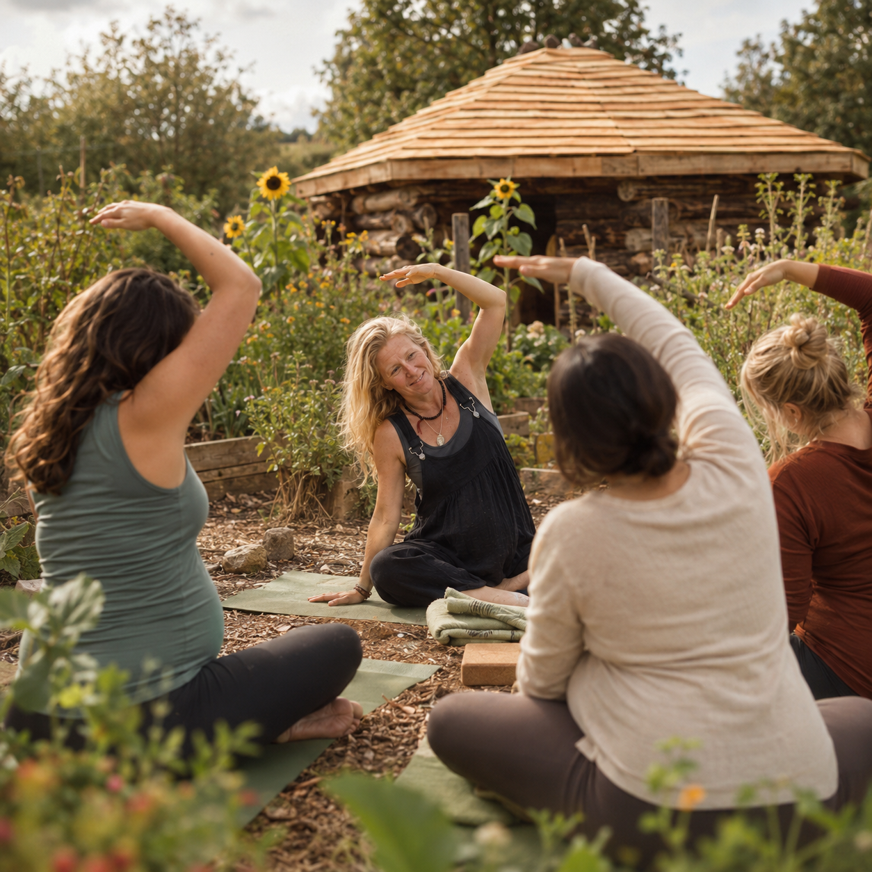 Group of women sitting on mats in a cozy wooden room, participating in a discussion or meditation session.