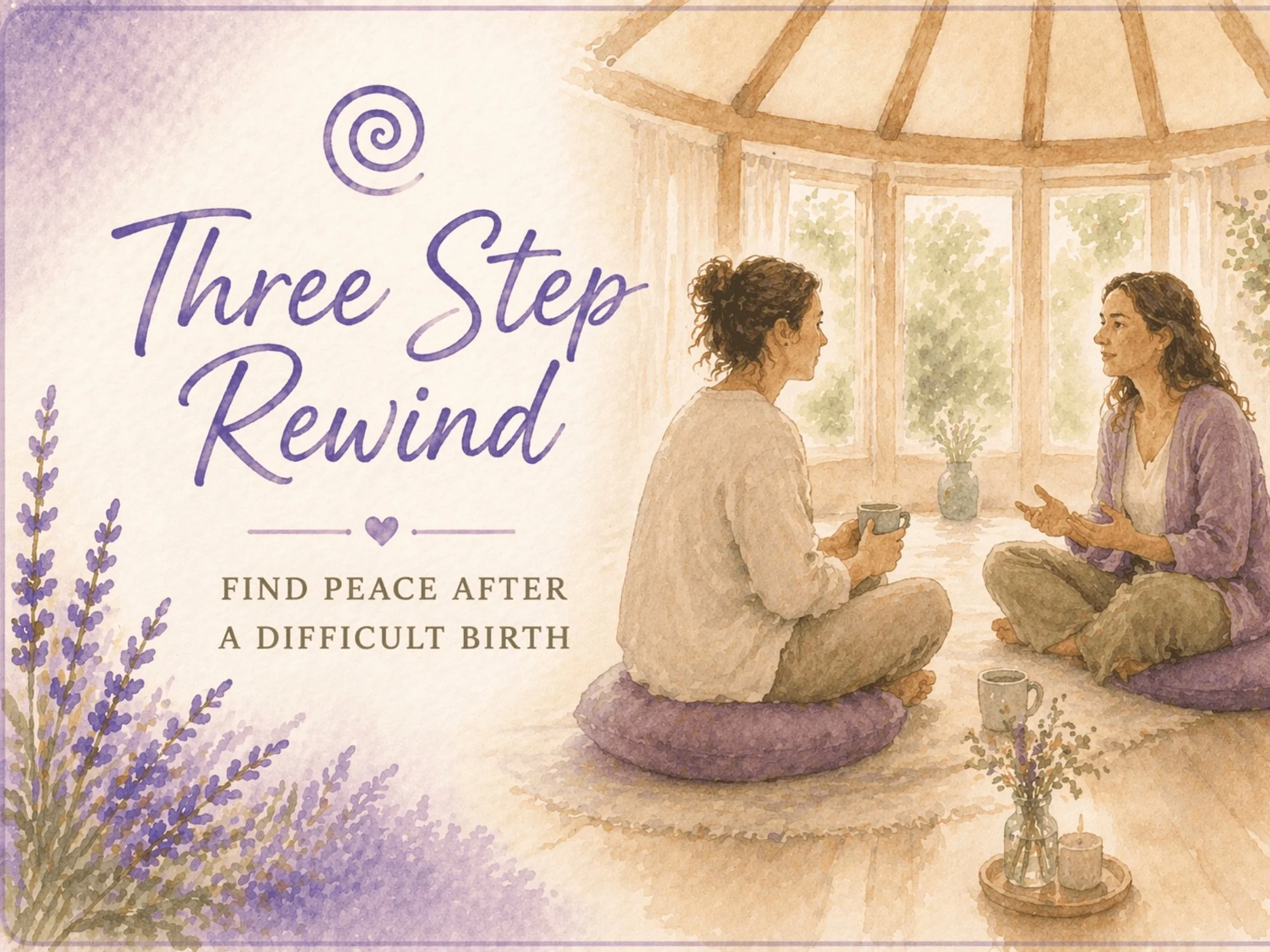 Illustration of two women sitting on the floor in a sunlit room with a large window, having a conversation, holding cups, with a small table and vases with flowers nearby. The image promotes a guide titled 'Three Step Rewind' for finding peace after a difficult birth.