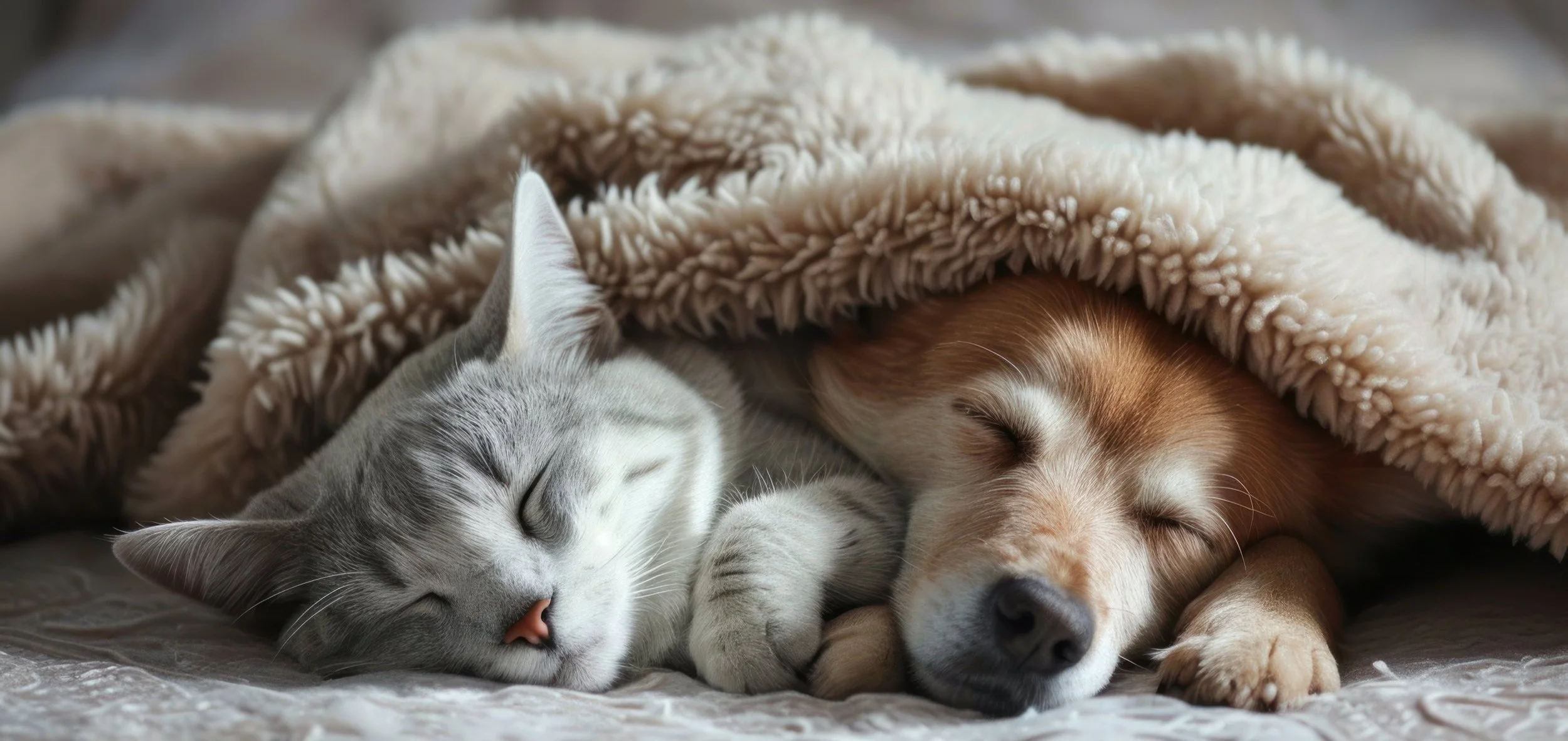 A gray and white striped cat and a tan dog with white markings sleeping together under a beige, fluffy blanket.