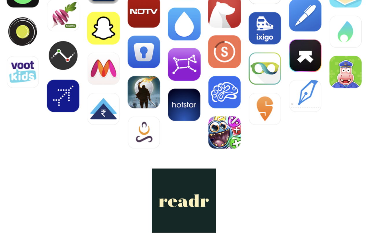 Un collage de nombreuses icônes d'applications mobiles, avec le mot "readr" en dessous.