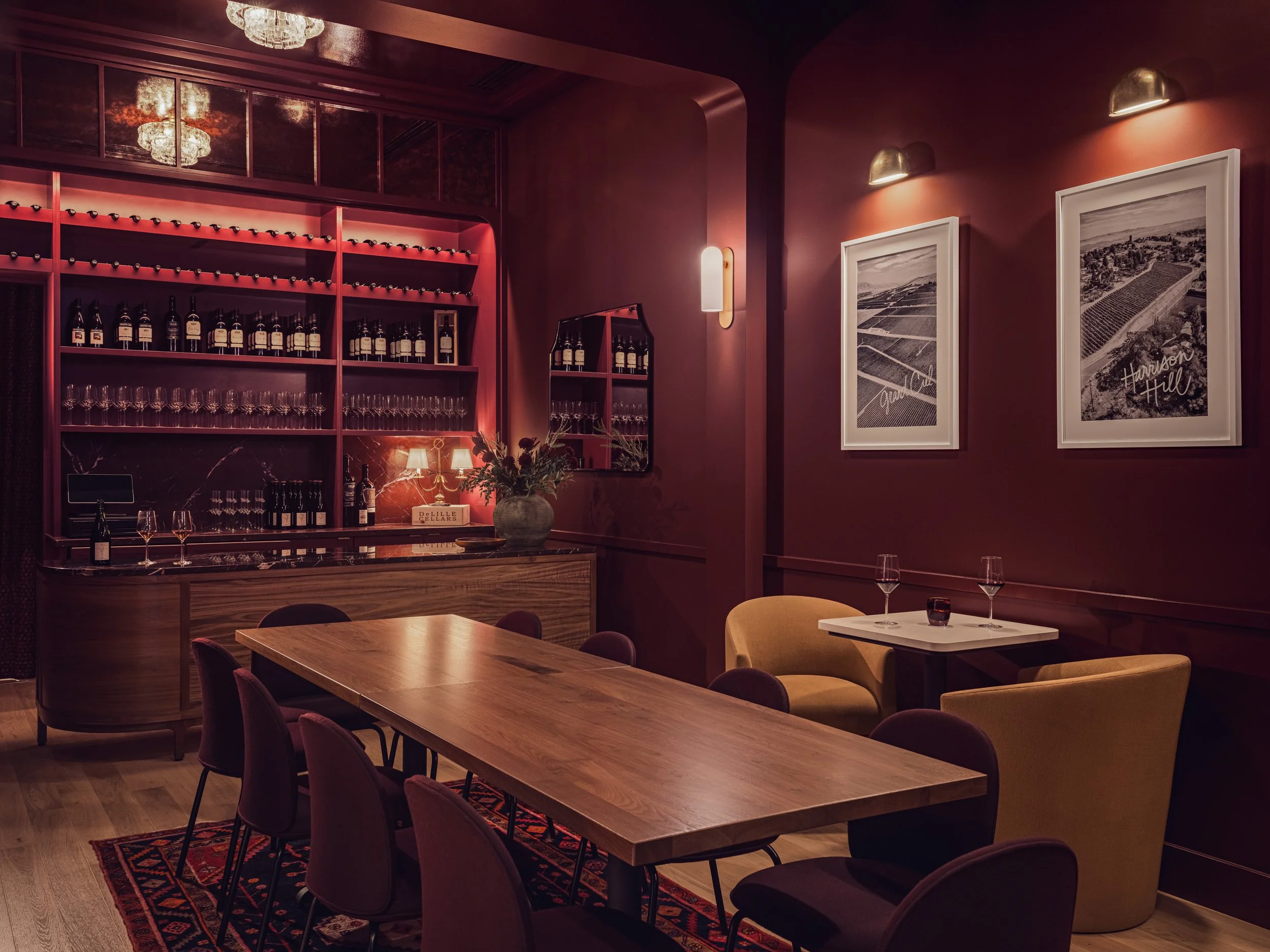 The beautiful private Club Room bar and dining area at DeLille En Ville in Seattle's University Village.