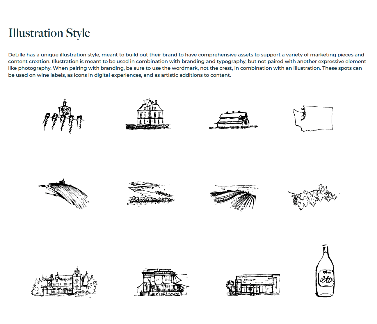 Brand Strategy & Identity for DeLille Cellars, including secondary logos & brand assets like these custom illustrations